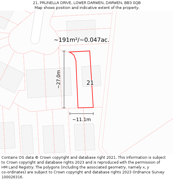 21, PRUNELLA DRIVE, LOWER DARWEN, DARWEN, BB3 0QB: Plot and title map