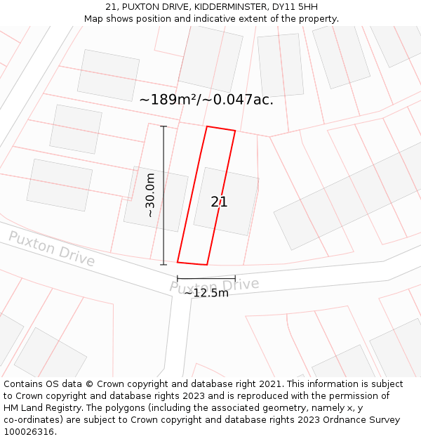 21, PUXTON DRIVE, KIDDERMINSTER, DY11 5HH: Plot and title map