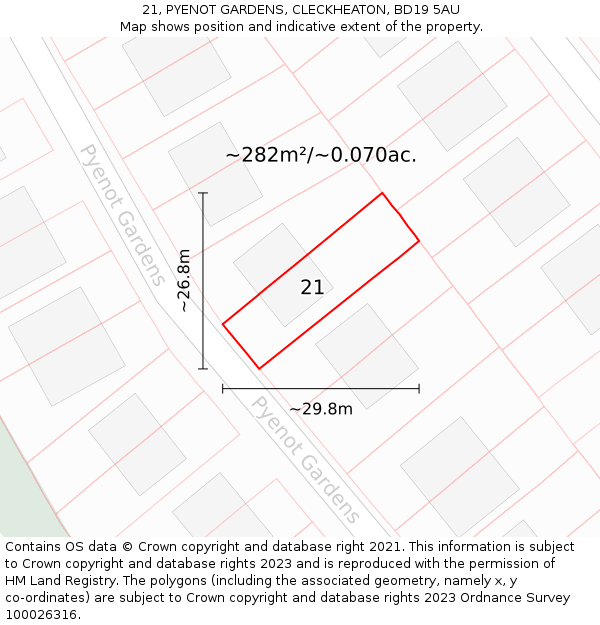 21, PYENOT GARDENS, CLECKHEATON, BD19 5AU: Plot and title map
