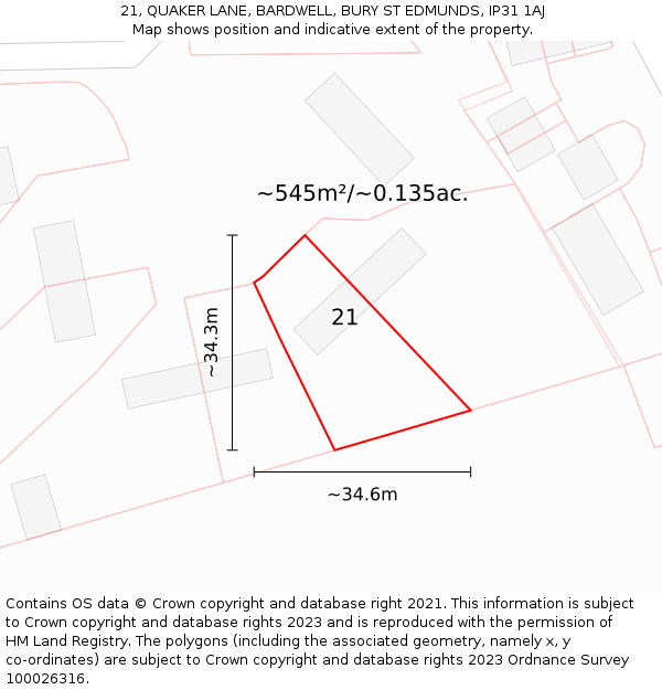 21, QUAKER LANE, BARDWELL, BURY ST EDMUNDS, IP31 1AJ: Plot and title map