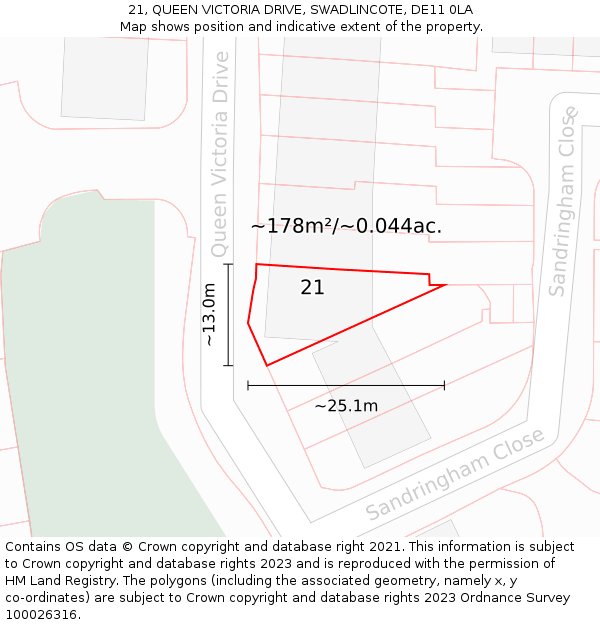 21, QUEEN VICTORIA DRIVE, SWADLINCOTE, DE11 0LA: Plot and title map