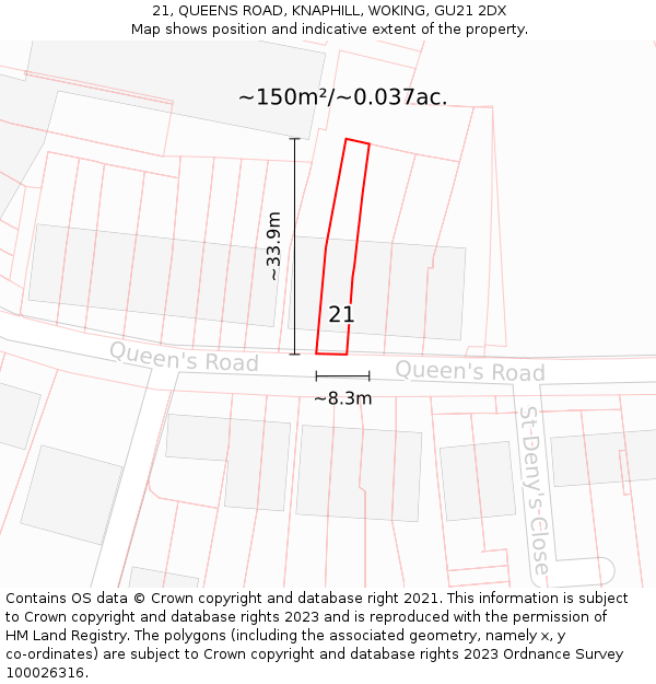 21, QUEENS ROAD, KNAPHILL, WOKING, GU21 2DX: Plot and title map