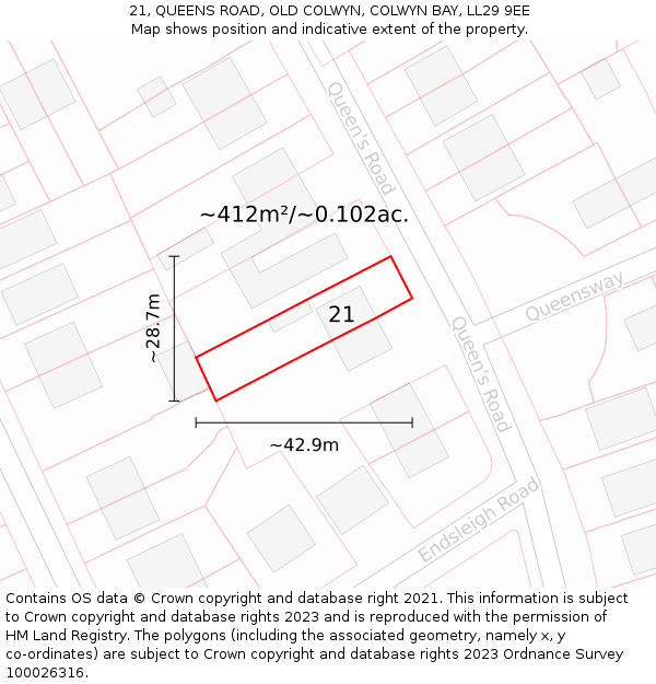 21, QUEENS ROAD, OLD COLWYN, COLWYN BAY, LL29 9EE: Plot and title map