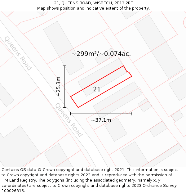 21, QUEENS ROAD, WISBECH, PE13 2PE: Plot and title map