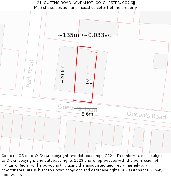 21, QUEENS ROAD, WIVENHOE, COLCHESTER, CO7 9JJ: Plot and title map