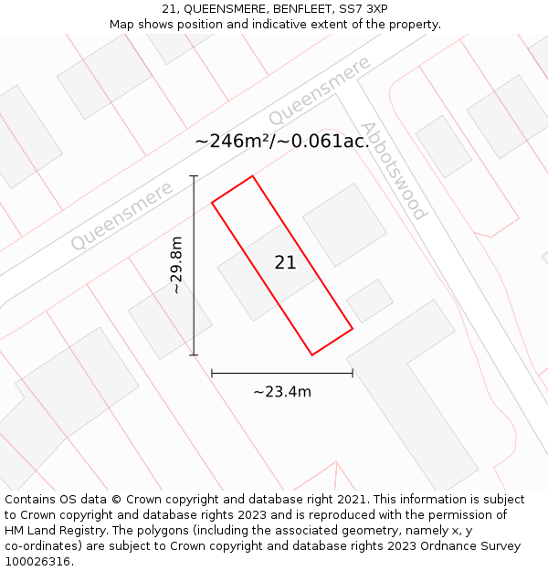 21, QUEENSMERE, BENFLEET, SS7 3XP: Plot and title map