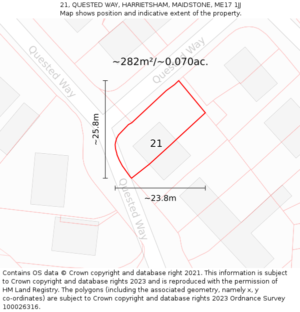 21, QUESTED WAY, HARRIETSHAM, MAIDSTONE, ME17 1JJ: Plot and title map
