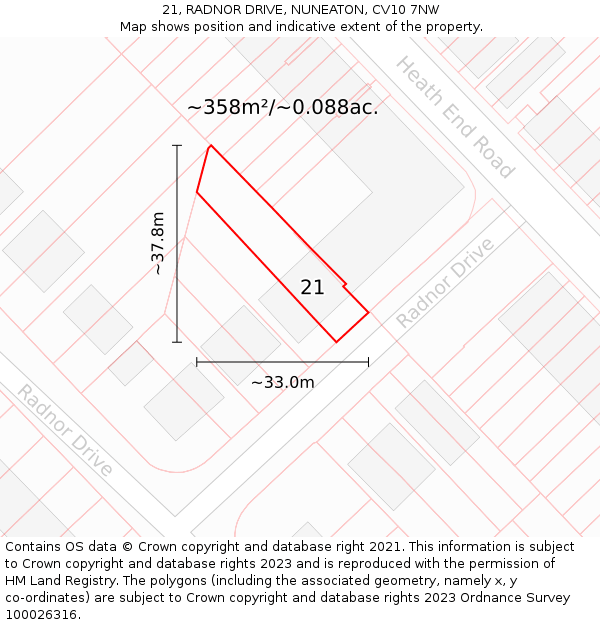 21, RADNOR DRIVE, NUNEATON, CV10 7NW: Plot and title map