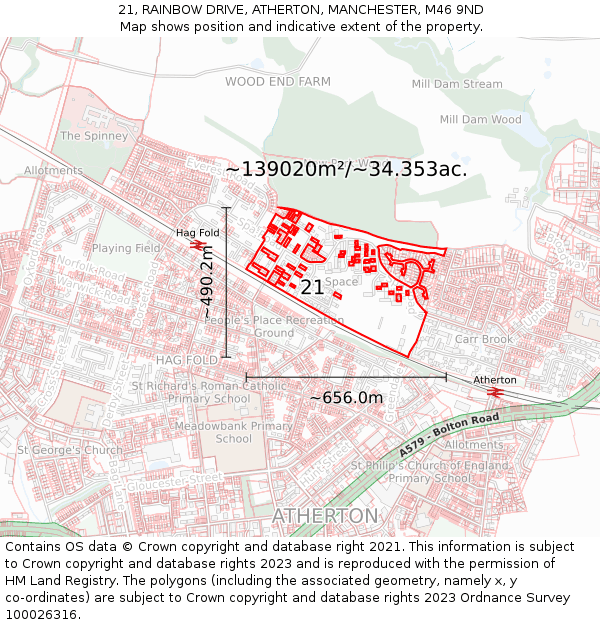 21, RAINBOW DRIVE, ATHERTON, MANCHESTER, M46 9ND: Plot and title map