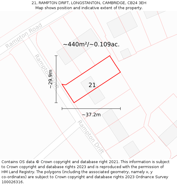 21, RAMPTON DRIFT, LONGSTANTON, CAMBRIDGE, CB24 3EH: Plot and title map
