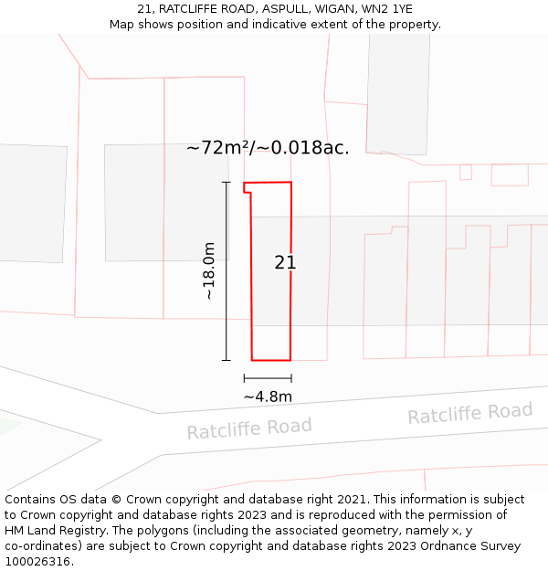 21, RATCLIFFE ROAD, ASPULL, WIGAN, WN2 1YE: Plot and title map