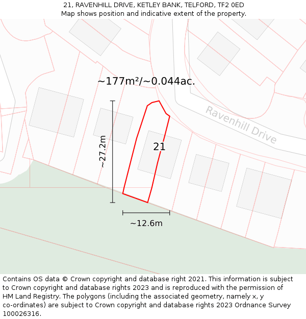 21, RAVENHILL DRIVE, KETLEY BANK, TELFORD, TF2 0ED: Plot and title map