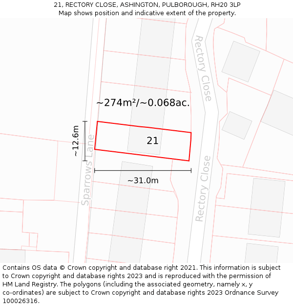 21, RECTORY CLOSE, ASHINGTON, PULBOROUGH, RH20 3LP: Plot and title map