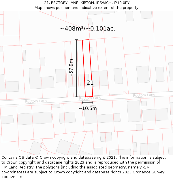 21, RECTORY LANE, KIRTON, IPSWICH, IP10 0PY: Plot and title map