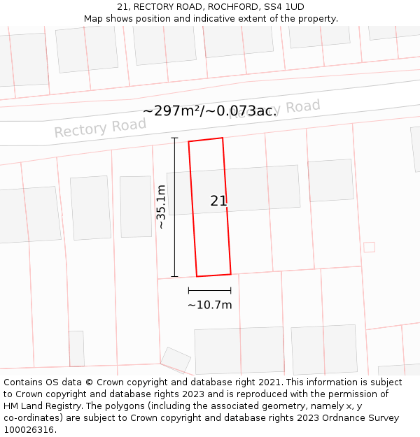 21, RECTORY ROAD, ROCHFORD, SS4 1UD: Plot and title map