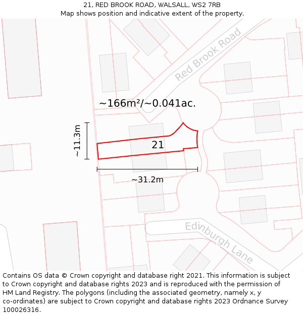 21, RED BROOK ROAD, WALSALL, WS2 7RB: Plot and title map