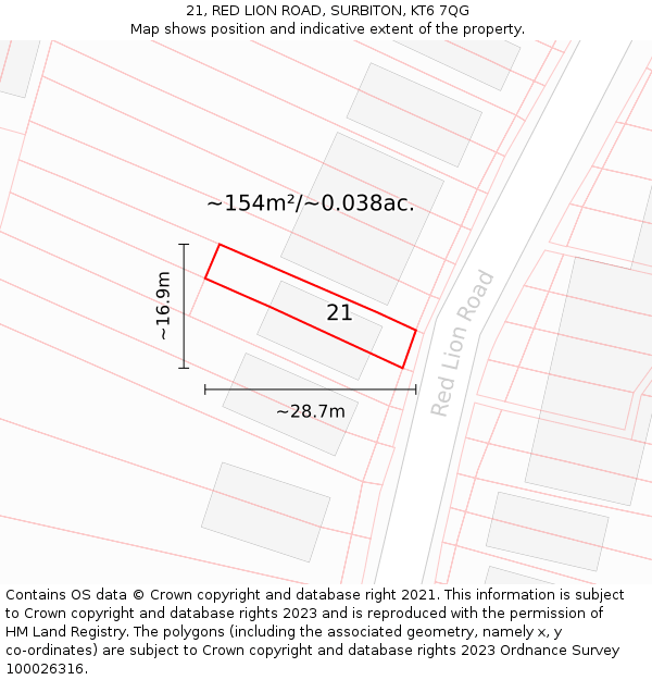 21, RED LION ROAD, SURBITON, KT6 7QG: Plot and title map