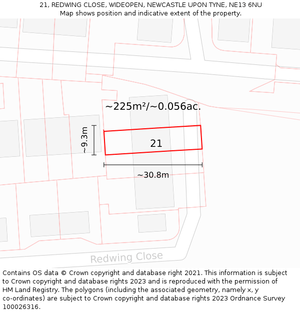 21, REDWING CLOSE, WIDEOPEN, NEWCASTLE UPON TYNE, NE13 6NU: Plot and title map