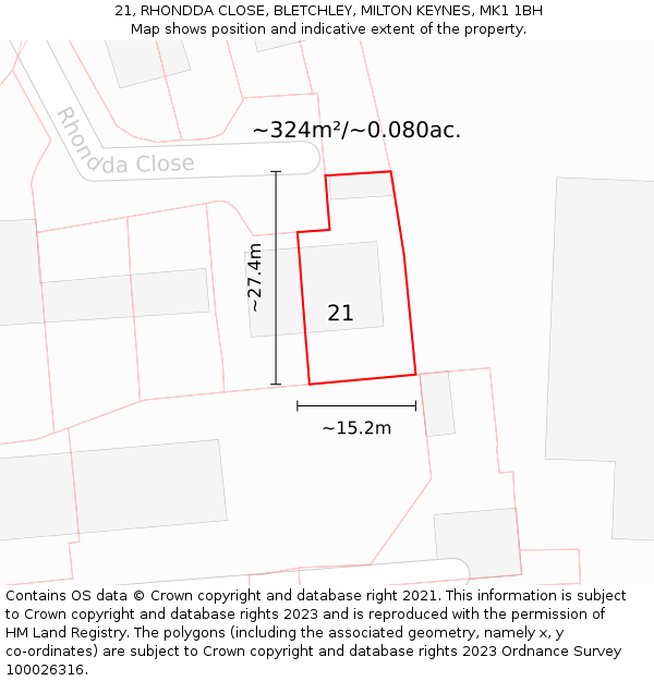 21, RHONDDA CLOSE, BLETCHLEY, MILTON KEYNES, MK1 1BH: Plot and title map