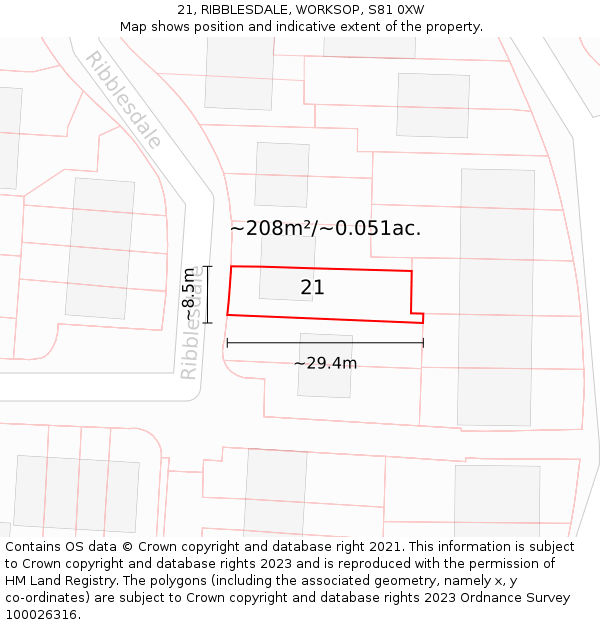21, RIBBLESDALE, WORKSOP, S81 0XW: Plot and title map