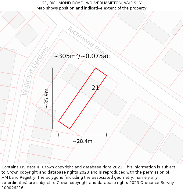 21, RICHMOND ROAD, WOLVERHAMPTON, WV3 9HY: Plot and title map