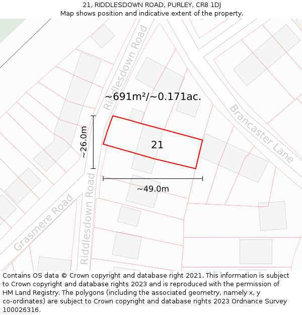 21, RIDDLESDOWN ROAD, PURLEY, CR8 1DJ: Plot and title map