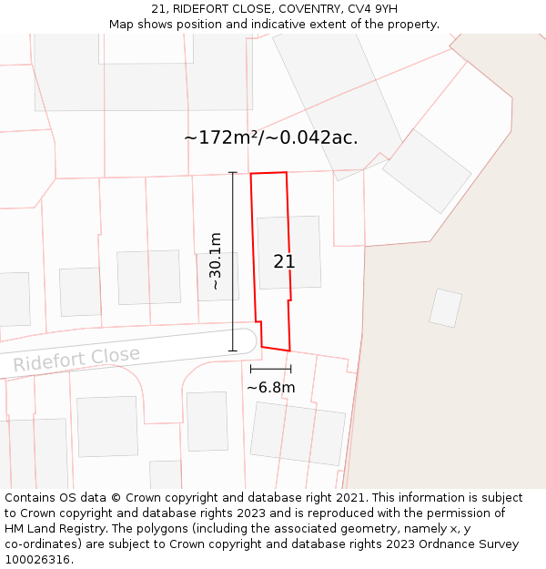 21, RIDEFORT CLOSE, COVENTRY, CV4 9YH: Plot and title map