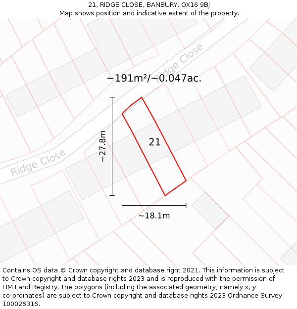 21, RIDGE CLOSE, BANBURY, OX16 9BJ: Plot and title map