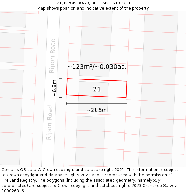 21, RIPON ROAD, REDCAR, TS10 3QH: Plot and title map