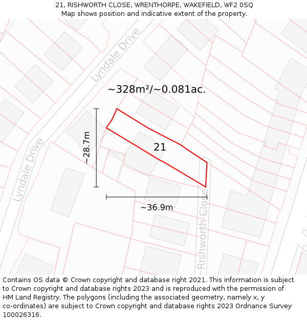 21, RISHWORTH CLOSE, WRENTHORPE, WAKEFIELD, WF2 0SQ: Plot and title map