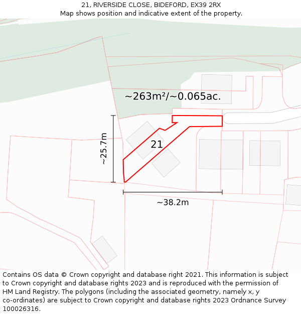 21, RIVERSIDE CLOSE, BIDEFORD, EX39 2RX: Plot and title map