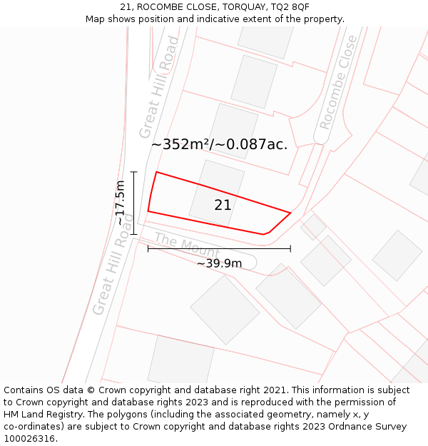 21, ROCOMBE CLOSE, TORQUAY, TQ2 8QF: Plot and title map