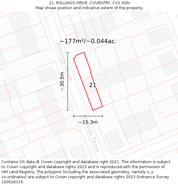 21, ROLLINGS DRIVE, COVENTRY, CV2 3QN: Plot and title map