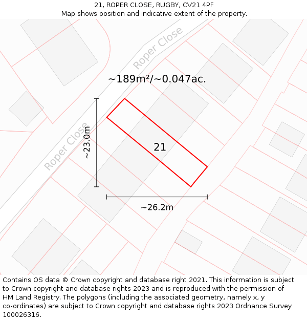 21, ROPER CLOSE, RUGBY, CV21 4PF: Plot and title map