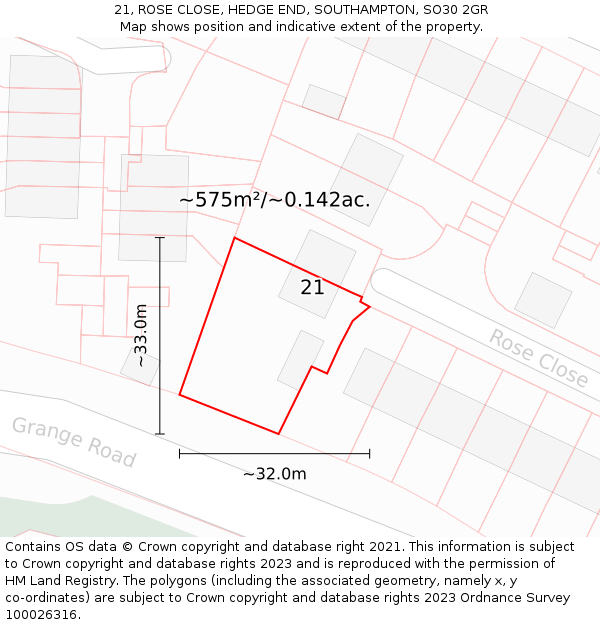 21, ROSE CLOSE, HEDGE END, SOUTHAMPTON, SO30 2GR: Plot and title map