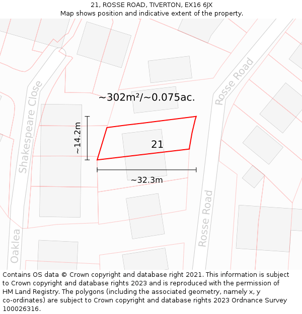 21, ROSSE ROAD, TIVERTON, EX16 6JX: Plot and title map