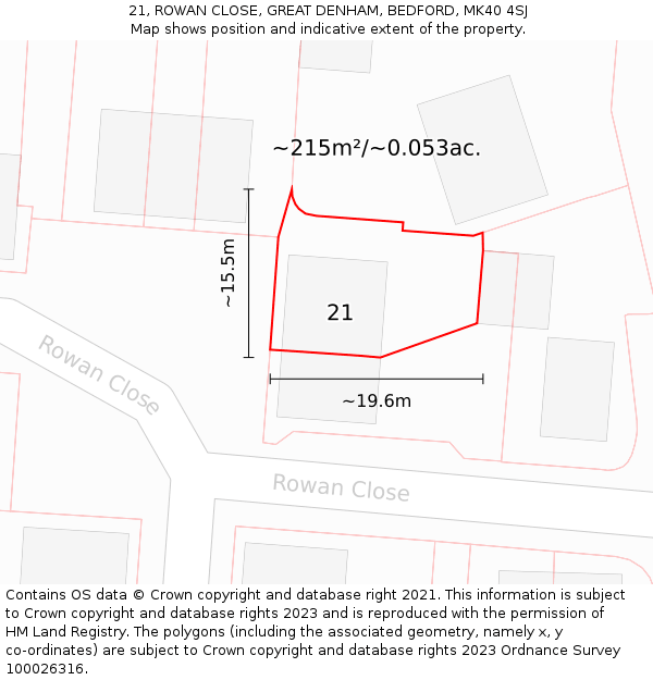 21, ROWAN CLOSE, GREAT DENHAM, BEDFORD, MK40 4SJ: Plot and title map