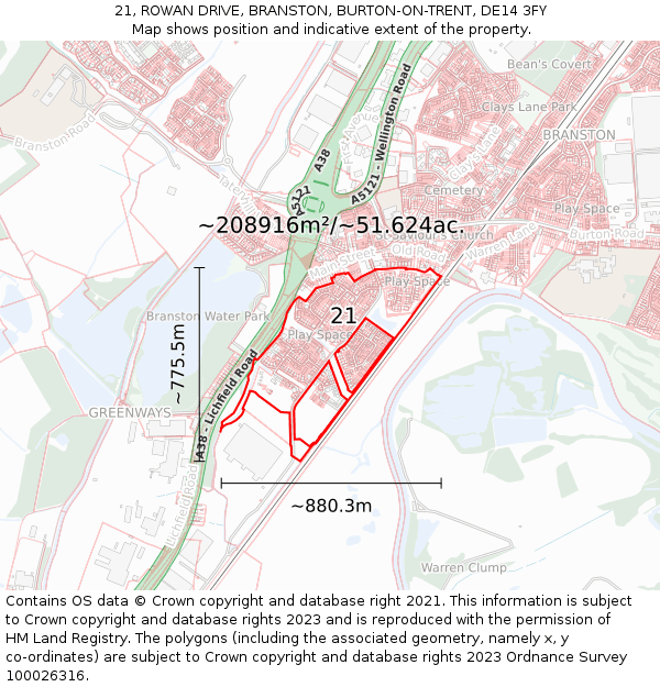 21, ROWAN DRIVE, BRANSTON, BURTON-ON-TRENT, DE14 3FY: Plot and title map