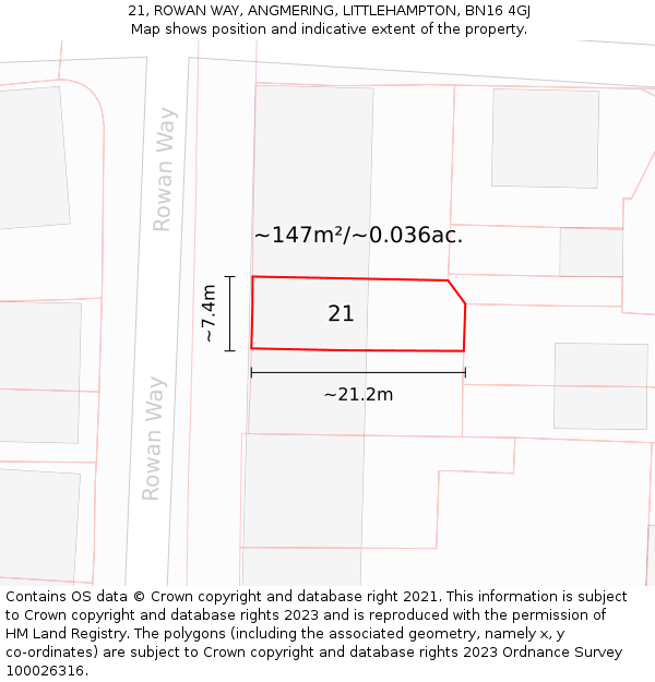 21, ROWAN WAY, ANGMERING, LITTLEHAMPTON, BN16 4GJ: Plot and title map