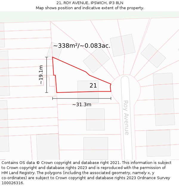 21, ROY AVENUE, IPSWICH, IP3 8LN: Plot and title map