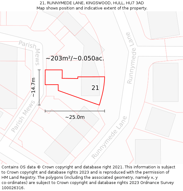 21, RUNNYMEDE LANE, KINGSWOOD, HULL, HU7 3AD: Plot and title map