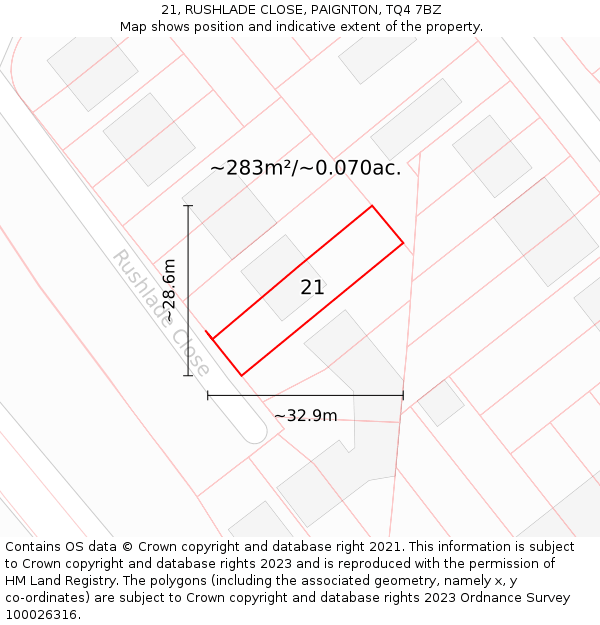 21, RUSHLADE CLOSE, PAIGNTON, TQ4 7BZ: Plot and title map