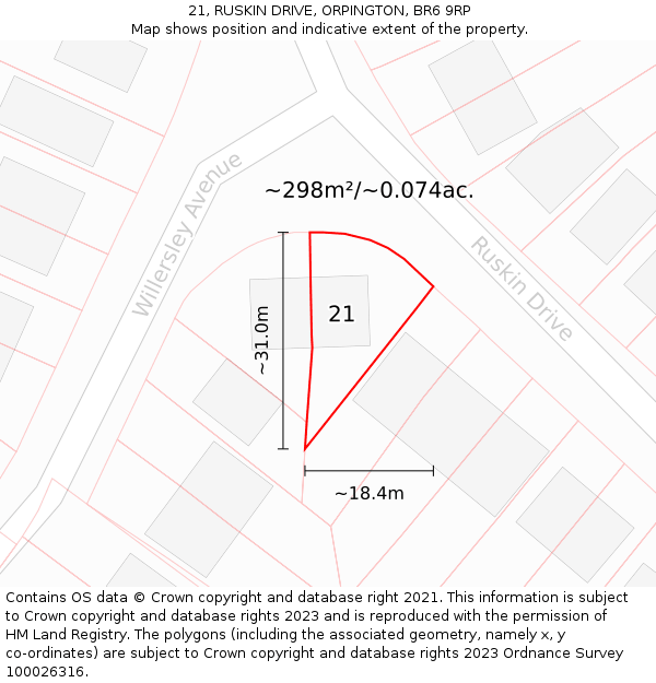 21, RUSKIN DRIVE, ORPINGTON, BR6 9RP: Plot and title map