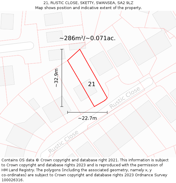 21, RUSTIC CLOSE, SKETTY, SWANSEA, SA2 9LZ: Plot and title map
