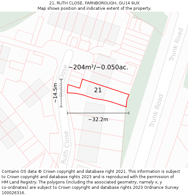 21, RUTH CLOSE, FARNBOROUGH, GU14 9UX: Plot and title map