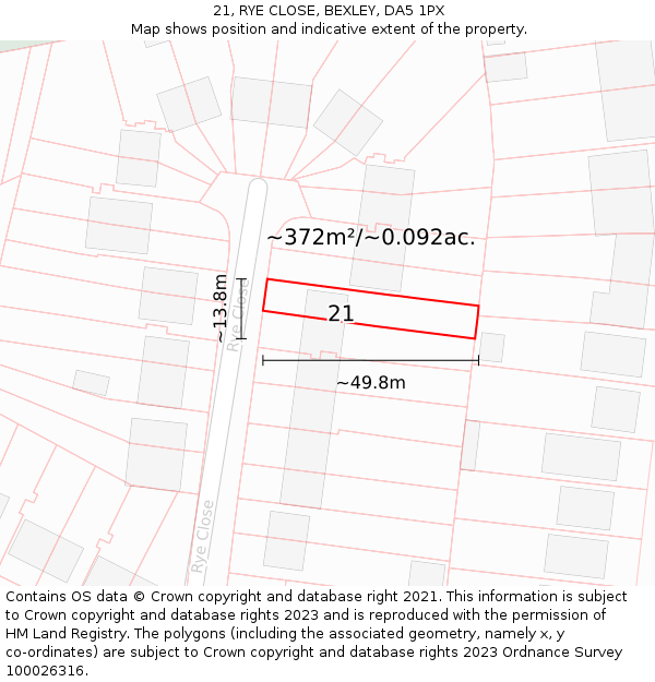 21, RYE CLOSE, BEXLEY, DA5 1PX: Plot and title map
