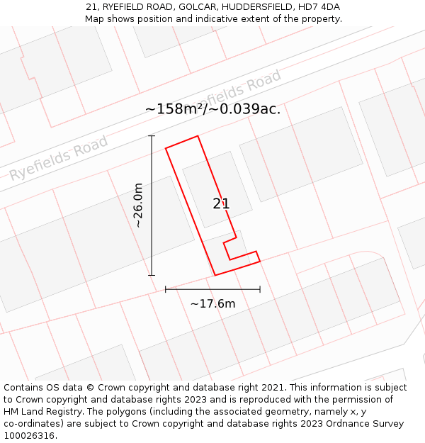 21, RYEFIELD ROAD, GOLCAR, HUDDERSFIELD, HD7 4DA: Plot and title map
