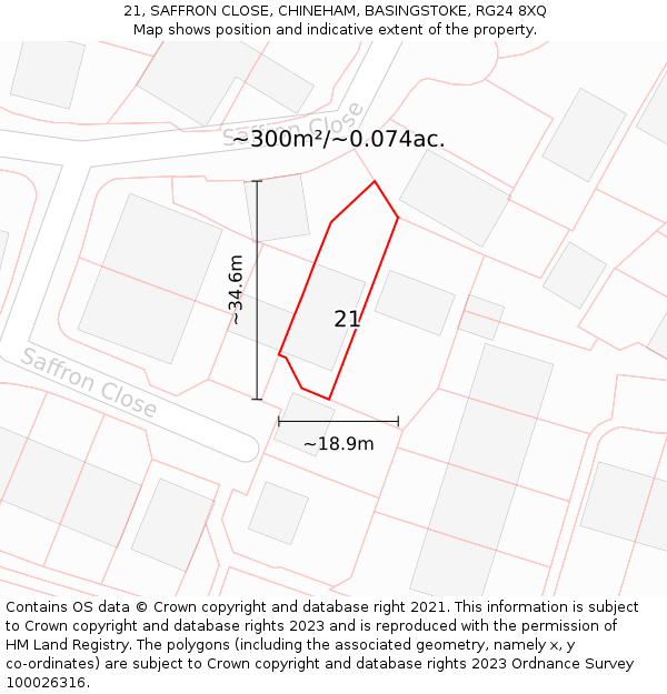 21, SAFFRON CLOSE, CHINEHAM, BASINGSTOKE, RG24 8XQ: Plot and title map
