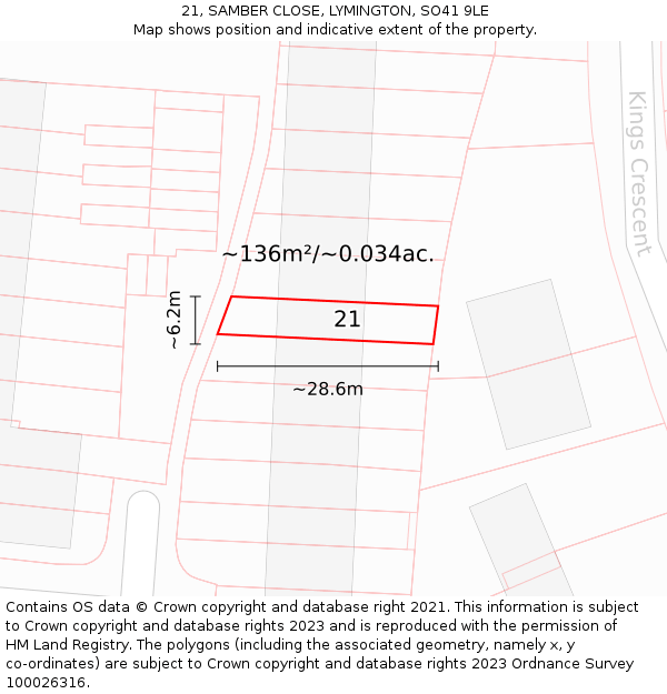 21, SAMBER CLOSE, LYMINGTON, SO41 9LE: Plot and title map