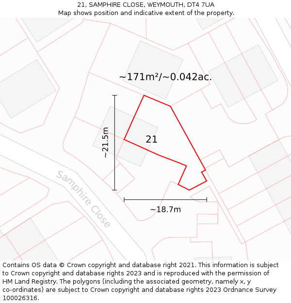21, SAMPHIRE CLOSE, WEYMOUTH, DT4 7UA: Plot and title map